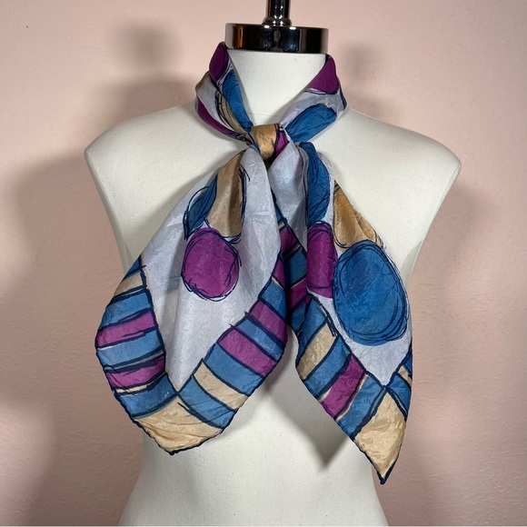 Vintage 40 50 Retro MOD Large Circle Dot Magenta Blue Large Square Scarf - Picture 4 of 17